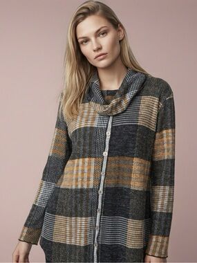 Pure Essence Plaid Cowl Neck Tunic Top Size L - Grey Mustard Button Detail Knit